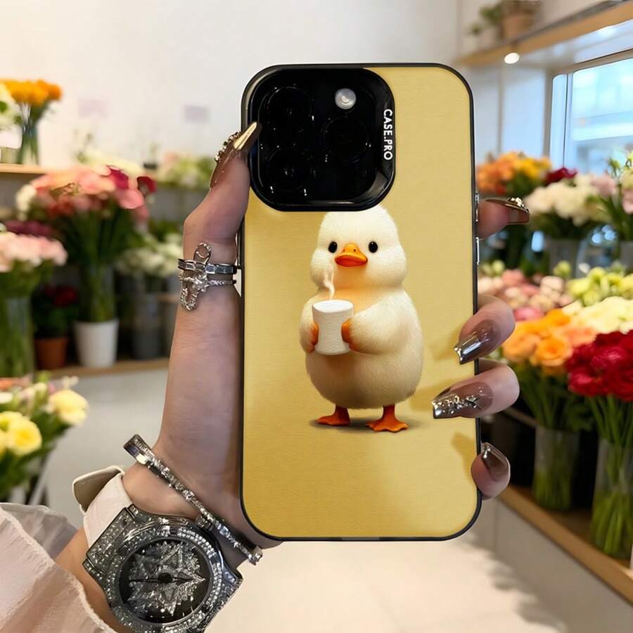 Funda de teléfono con diseño de pato bebé amarillo para iPhone funda protectora de color dorado con estampado de pato sosteniendo taza de café ideal para uso diario y regalos divertidos Aplicable a los teléfonos de la serie Apple y Galaxy - Blanco - Ver 1