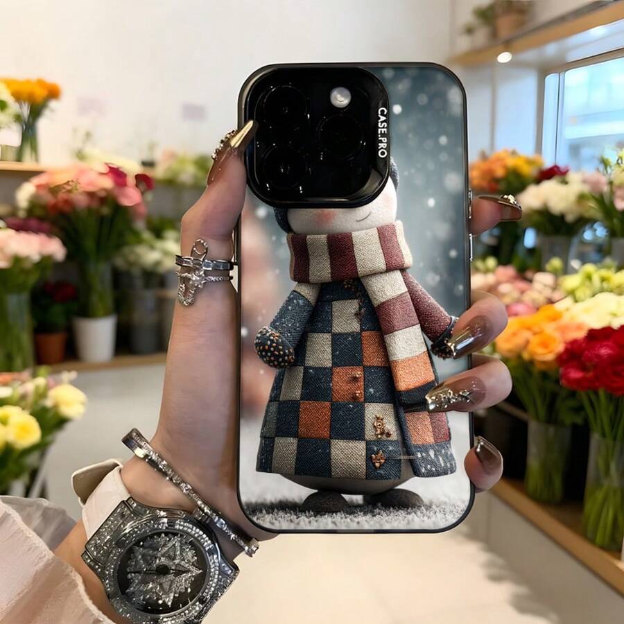 Cubierta de telefono con diseño de muñeco de nieve estilo patchwork multicolor con bufanda a cuadros para iPhone funda de invierno decorativa para uso diario y regalo Aplicable a los teléfonos de la serie Apple y Galaxy - Blanco - Ver 1