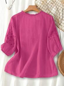 女式春夏粘胶刺绣轻薄宽松复古休闲中袖衬衫