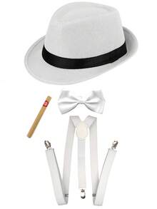 D EXCEED 2/3/4/8 件套 1920 年代男士配饰，包括软呢帽、匪帮帽、Y 型背带和预系领结，以及男士咆哮的二十年代套装，包括报童帽和常春藤帽，适合《了不起的盖茨比》主题派对