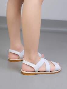 Girls' Sandals, New Summer Roman Sandals, Casual Flat Sandals, Toddler & Little Kid Soft Bottom Elastic Strap Open Toe Beach Shoes - White - View 8