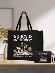 黑色亚麻手提包，饰有可爱卡通狗图案，配有抽绳化妆包，女士大容量亚麻手提包。便携休闲收纳手提包，大容量，多功能便携教师手提包，女士礼物，圣诞礼物，完美假日单肩包，适合日常旅行 - 彩色 - 查看 12