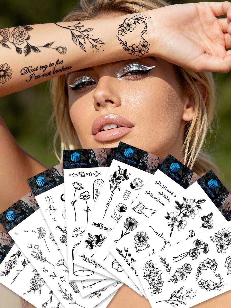 STARTTOOS Stiker Tato Sementara Motif Kupu-kupu Gelap, Bunga, Daun, Mawar, Daisy, dan Tanaman, Cocok untuk Bahu, Leher, Tulang Selangka, Pergelangan Tangan, Pergelangan Kaki, DIY, Dekorasi Sehari-hari, Pesta, Liburan, Hadiah, Tahan Air, Stiker Tato Realistis - Hitam - View 1