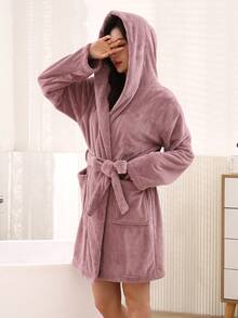 1 pièce Peignoir court sexy pour femme avec poches, capuche épaisse, doux et absorbant, de couleur unie avec ceinture à nouer à la taille - Rose cuivré - Voir 4