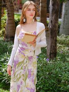 女士印花荷叶边领口不对称流苏露背吊带连衣裙 - 紫色 - 查看 6