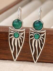 一对复古简约镂空太阳图案吊坠耳环，手工制作，适合女性佩戴，是送给她的理想礼物。 - 銀色 - 查看 7