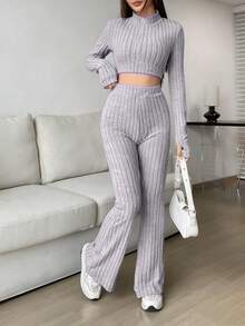 Conjunto De Top Corto Y Pantalón Largo Con Cierre Delantero(Este artículo está hecho de un tejido relativamente fino.) - Gris Claro - Ver 1