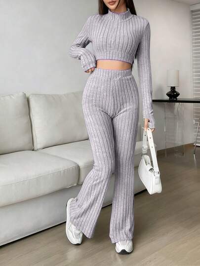 Conjunto De Top Corto Y Pantalón Largo Con Cierre Delantero(Este artículo está hecho de un tejido relativamente fino.)