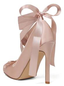 Ballet Mary Janes High Heels For Women Square Toe Satin Lace Up Ballerina Stiletto Heels With Bow Elegant Wedding Party Pump Heels For Women  - 1 khỏa thân - Xem 7