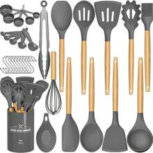Kitchen Utensil Set - 33-Piece Silicone Kitchen Utensil Set With Holder, Heat-Resistant Kitchen Utensil Brush Set For Non-Stick Cookware, Black Wooden Handle Kitchen Gadget Set, Father's Gift - Grey - View 4