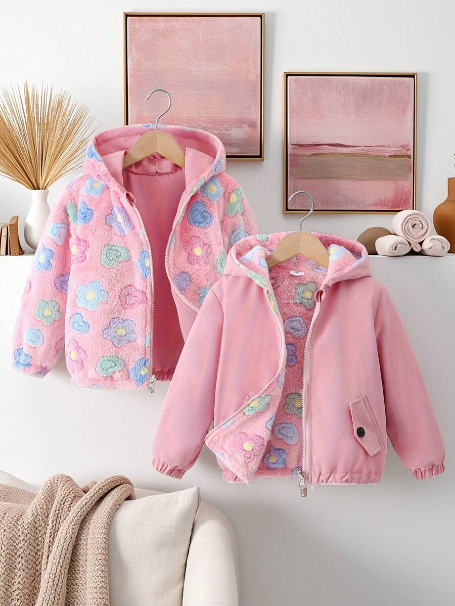 Girls' Warm & Soft Printed Fleece Reversible Long Sleeve Hooded Zip-Up Cardigan, Fashion Jacket For Autumn/Winter - Pink - View 1