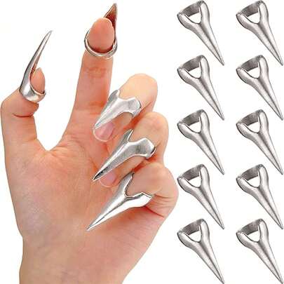 Vintage Metal Nail Rings Full Finger Set, Punk Rock Nail Armor, Gothic Claw, Fingertip Claws, Suitable For Cosplay, Nail Art, Holiday Parties
