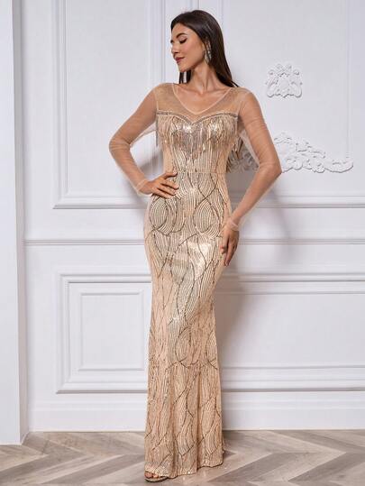 Autumn Rhinestone Mesh Patchwork Sequin Tassel Long Sleeve Fitted Mermaid Elegant Cocktail, Ball, Formal Evening Gown (Heavy Embellished) Wedding Party