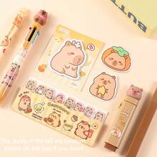 Juego de papelería de Capibara 6 en 1 con nuevo diseño disponible en 3 sets que incluye borrador, bolígrafo de gel, resaltador, notas adhesivas, perfecto para la oficina y la escuela - Juego de papelería de Capibara - Multicolor - Ver 12