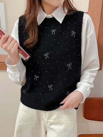 Wixra Autumn/Winter New Rhinestone Bow Red Cute Sweater Vest For Women, Loose Knit Cardigan, Romantic Style For Christmas Date
