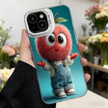 Cubierta de teléfono con diseño de personaje de fruta roja con overoles azules y fondo turquesa para uso diario en floristerías y eventos sociales Aplicable a los teléfonos de la serie Apple y Galaxy - Blanco - Ver 2