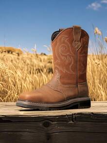 Men's Steel Toe Cowboy Boots: Western Square Toe Leather Work Boots With Hazard Protection For Construction And Farming - Mockabrun - Visa 1