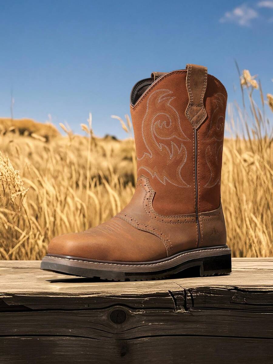 Men's Steel Toe Cowboy Boots: Western Square Toe Leather Work Boots With Hazard Protection For Construction And Farming - Mockabrun - Visa 1