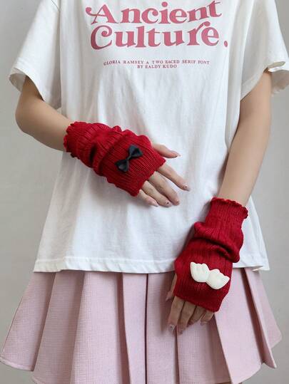 1 Pair Women's Christmas Red Arm Sleeve Gloves With Cute Bow, Suitable For Party, Evening, Sports, Outdoor, Camping, School, College, Street, Date, Music Festival And Other Occasions