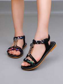 Girls' Sandals, New Summer Roman Shoes, Casual Flat Sandals, Toddler & Little Kid Soft Bottom Printed Open Toe Beach Shoes - Black - View 6