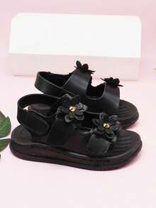1 Pair Toddler Girls' Casual Flat Sandals, Fashion Double Flower Hook And Loop Closure Open Toe Sandals - Black - View 2