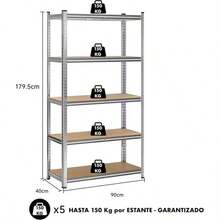 stantería Modular Almacenaje (Pack 2), Acero Galvanizado y MDF Antihumedad, Hogar, Trastero, Garaje, 5 Baldas Ajustables, Carga Máxima 875Kg, 90x40x180cm - 1 pieza - Ver 2