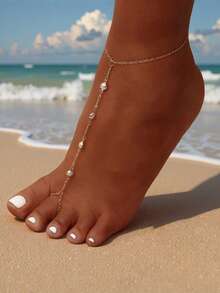 Faux Pearl Decor Anklet, Casual & Minimalist Accessory - Gold-colored Artificial Pearl Anklet - View 7