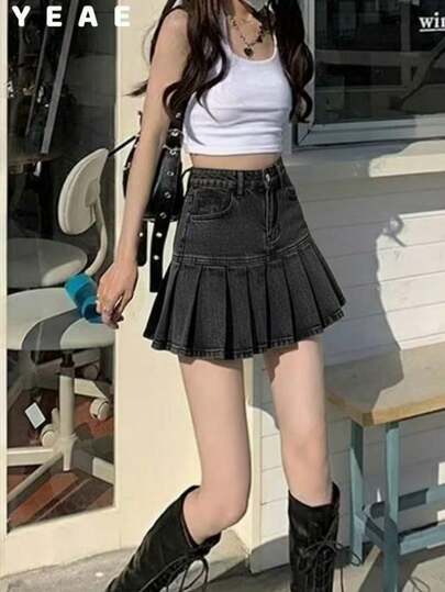 女士纯色简约百褶高腰裙