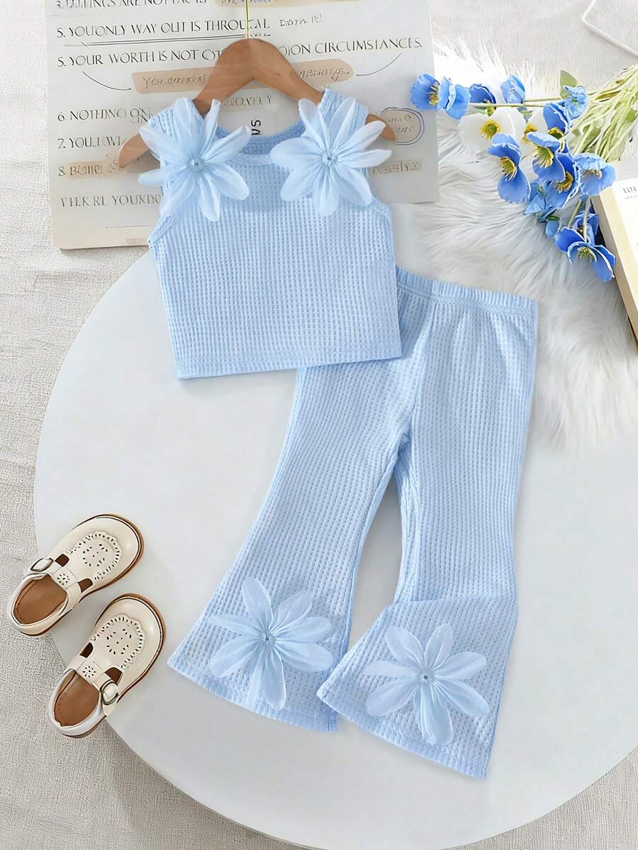 2pcs/Set Toddler Girls' Solid Color Textured Sleeveless Top And Flare Pants Set, Fashionable Casual Outfit With 3D Floral Decor, Cute For Young GirlSummer - Baby Blue - View 1
