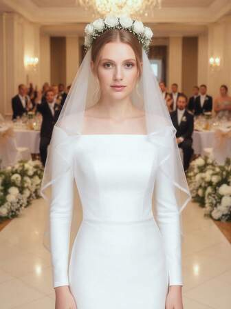 白色玫瑰优雅花朵新娘头纱 | 经典双层浪漫婚礼头饰 | 长100厘米，宽17厘米，缎面滚边薄纱头纱。这款精致的婚纱专为梦想拥有永恒浪漫造型的新娘而设计。