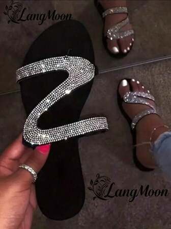 2026 New Fashion Rhinestone Embellished Flat Comfortable Slide Sandals, Versatile Chic Elegant Casual Slippers Suitable For Vacation, Home, Commute, Party, Wedding, Halloween, Christmas,
