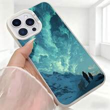 Cubierta de telefono con borde metálico azul oscuro diseño de montañas nevadas y siluetas de personas caminando bajo cielo estrellado para uso diario en cafeterías y espacios urbanos - Negro - Ver 5