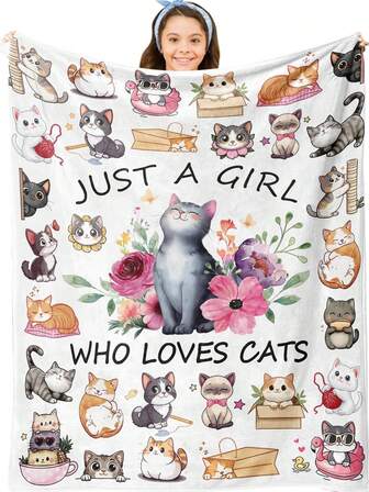 1pc Cat Blanket Gift, Cute Kitty Throw Blanket For Girls, Best Gift For Cat Lover Girls - Soft Flannel, Lightweight For All Seasons, Great For Sofa, Bed, Beach, Camping, Ideal For Halloween And Birthday, Machine Washable