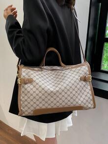 Designer Inspired Large Tote Bag For Women, Faux Leather Travel Handbag, Zipper Closure, Polyester Lining, Painted Edges, Classic Letter Pattern - Grey - View 4