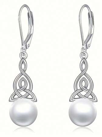 1 Pair S925 Sterling Silver Elegant Celtic Knot Faux Pearl Pendant Earrings, Vintage Niche Design Jewelry Gift For Women, Suitable For Daily Wear And Parties