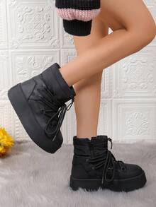 Botki świąteczne Punk z metalowymi oczkami i sznurowaniem, na zimę - Czarne - Zobacz 3