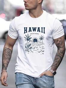 Summer Bestsellers Men's Hawaiian Tropical Print T-Shirt - Black "HAWAII" Letter Short Sleeve Shirt, Lightweight Breathable Fabric Suitable For Vacation, Beach, And Daily Casual Wear, Machine Washable Regular Fit, Fashionable Design, Soft Texture, Summer Top Supple - 白色 - 查看 11