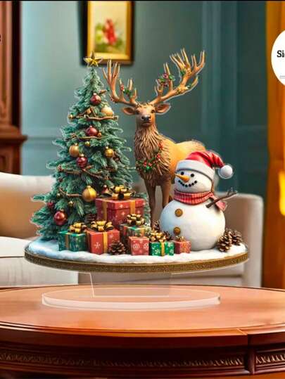 2D Flat, 1pc Cozy Christmas Scene With Christmas Tree, Snowman And Reindeer, Desktop Decor, Traditional Christmas Decoration, High-Quality Acrylic Material, Christmas Party Decor, Christmas Gift, Holiday Home Decor