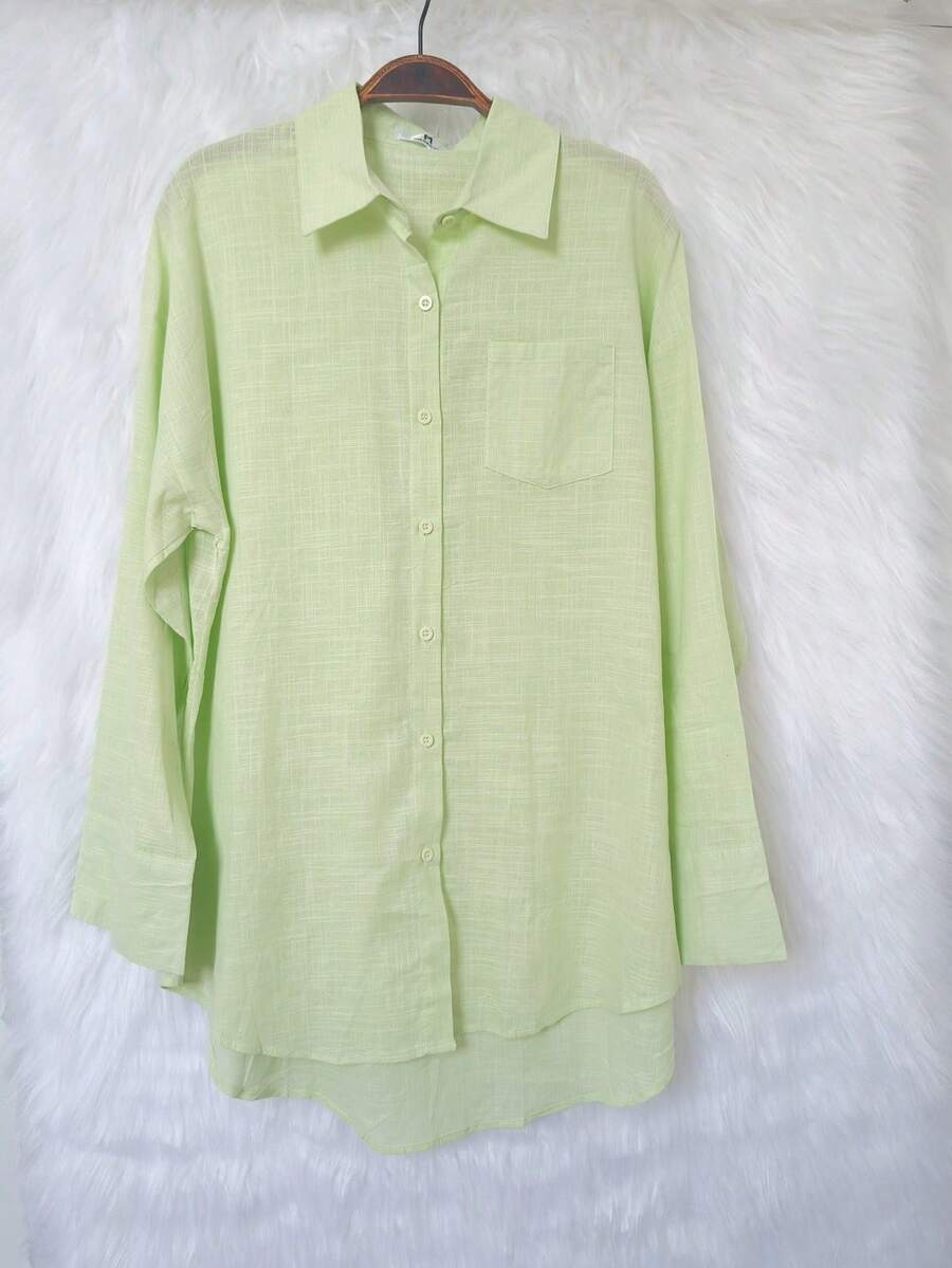 Women's Long-Sleeved Linen Shirt - 青檸色 - 查看 1