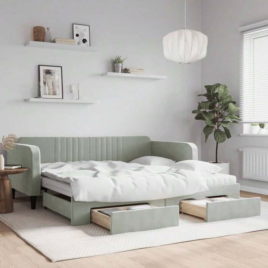 vidaXL Ausziehbares Tagesbett mit Schubladen, hellgrau, 100x200 cm, Samt - Grigio - Visualizzare 1