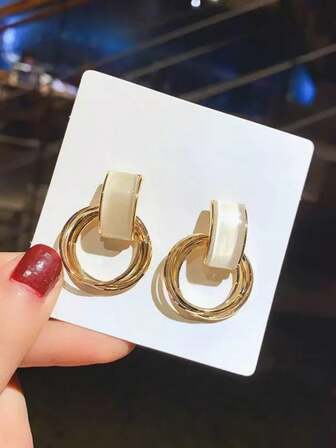 一对几何圆形猫眼石耳环，经典欧美韩风时尚垂坠耳环，女士款