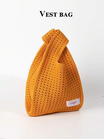 Mini Lightweight Foldable Simple White Hollow Minimalist Breathable Contrast Color Knitted Handbag Wristlet Bag, Suitable For Vacation, Photo Shooting, School For Women