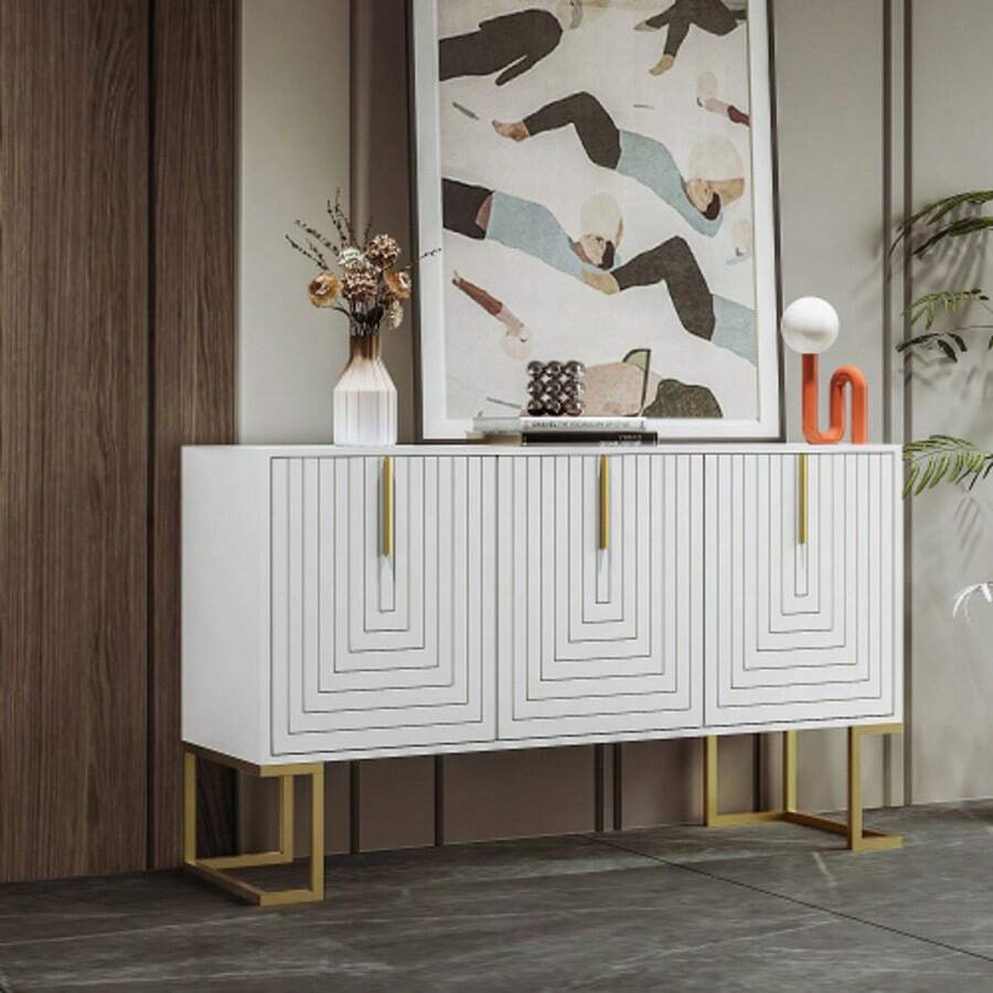 Modern 3-Türiges Sideboard Mit Verstellbaren Regalen, U-Förmigen Schranktüren Und Metallgriffen Und Sockel Für Esszimmer Und Küche (Weiß) - White - View 1