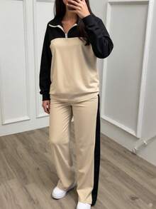 女士休闲套装，优雅运动套装，翻领宽松上衣搭配阔腿裤，两件套，秋冬春季款 - 膚色 - 查看 3