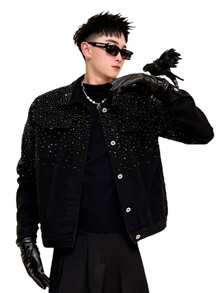 Men's Denim Jacket, Premium And Stylish, Heavy-Duty, Sparkling Rhinestone, Light Luxury, Fashion Brand Top Jacket - 黑色 - 查看 5