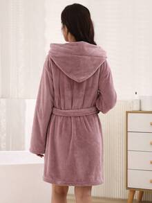 1 pièce Peignoir court sexy pour femme avec poches, capuche épaisse, doux et absorbant, de couleur unie avec ceinture à nouer à la taille - Rose cuivré - Voir 3