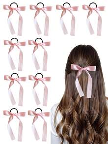Cute Pink Bow Hair Scrunchies, Elegant Satin Ribbon Bow Elastic Hair Ties, Versatile Hair Accessories For Women Ponytail ,Hair Elastics ,Hair Rubber Bands ,Hair Rope - Pink - View 1