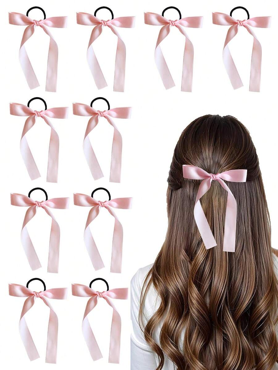 Cute Pink Bow Hair Scrunchies, Elegant Satin Ribbon Bow Elastic Hair Ties, Versatile Hair Accessories For Women Ponytail ,Hair Elastics ,Hair Rubber Bands ,Hair Rope - Pink - View 1