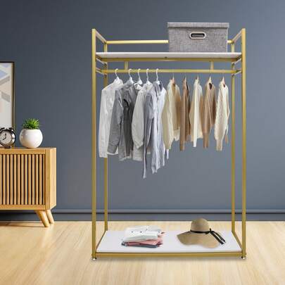 Metal Clothes Display Stand With Wood Shelves, Gold Clothing Display Rack, Freestanding Garment Oraganizer, Large Floor Standing Clothes Storage And Display Rack, Open Garment And Shoe Stand, Gold Multi-Use Floor Stand Rack For Home And Clothes Shop