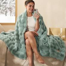 JIAWRI|  GentleSoft Fluffy Faux Fur Throw Blanket Fuzzy Soft Bubble Blanket For Couch Faux Fur Decor For Home Bedroom Living Room Thick Furry Cozy Gifts For Women Sage Green 50x60 InchZHAN - 05SageGreen - Xem 7